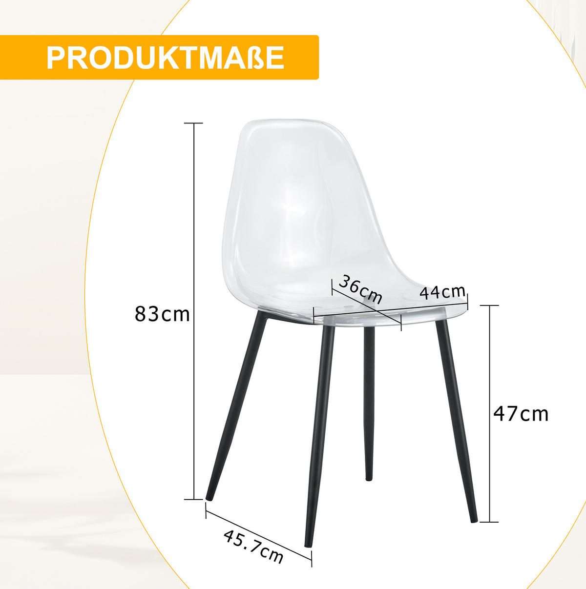ESSZIMMERSTUHL 4er-Set 83 cm Kunststoff Transparent mit Metallbeinen Schwarz - Schwarz, Metall (45.7/83/44cm) - Meubliv