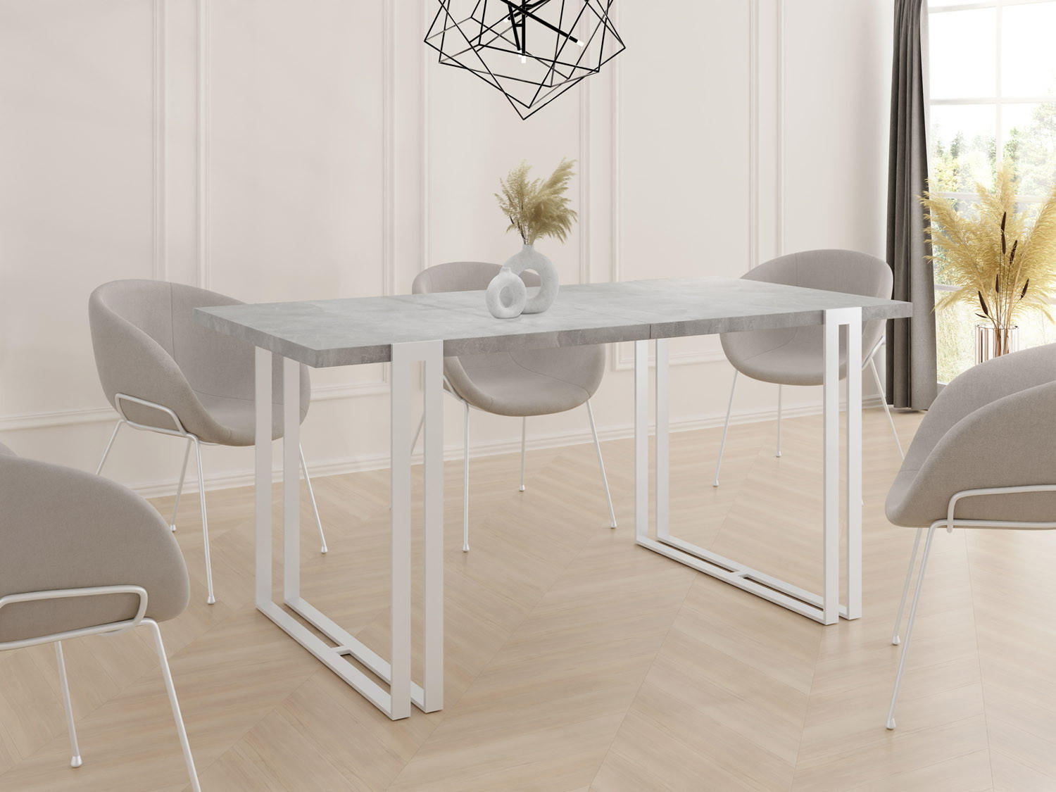 ESSTISCH Lilo rechteckig ausziehbar, Grauer Beton 140-240/80/76 cm - Hellgrau/Weiß, Holzwerkstoff/Metall (140/80/76cm) - WFL GROUP