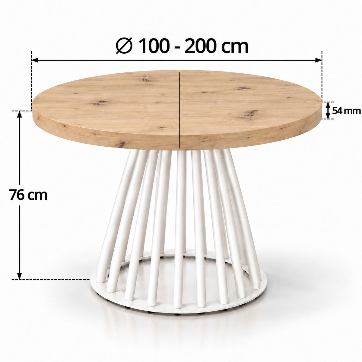 ESSTISCH rund ausziehbar 100/200/76 cm, Hellbraun Artisan Eiche, 54 cm Tischplatte + Lamellen-Metallgestell Weiß - Weiß/Eiche Artisan, Holzwerkstoff/Metall (100/200/76cm) - Damale Möbel