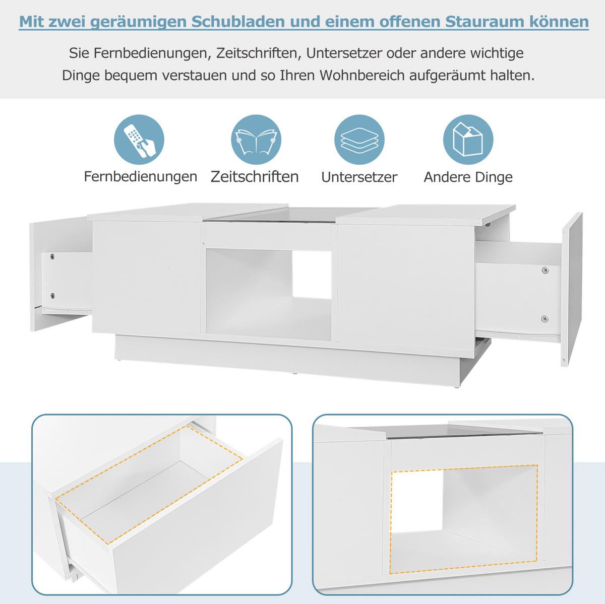 COUCHTISCH aus Spanplatte 100x50x35,5 cm in Weiß mit LED & App-Steuerung - Weiß, Holzwerkstoff (100/50/35.5cm) - Modfu