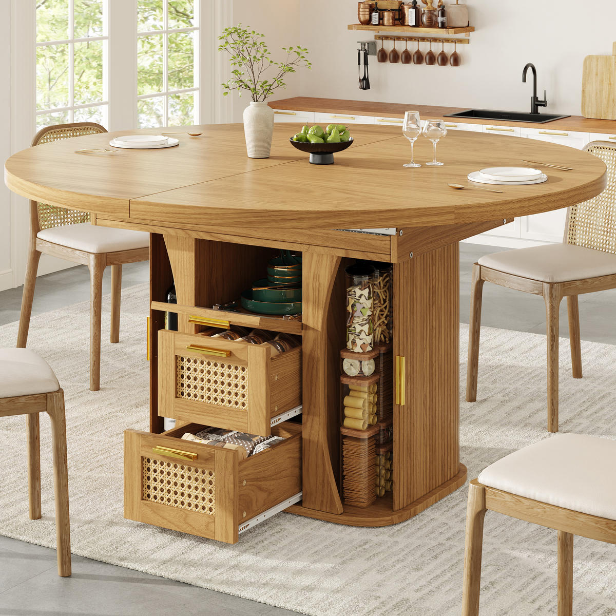 ESSTISCH Ausziehbar 118-158Cm Stauraum Rattan Schwarz - Naturfarben, Holzwerkstoff (118/118/77.1cm) - FLIEKS
