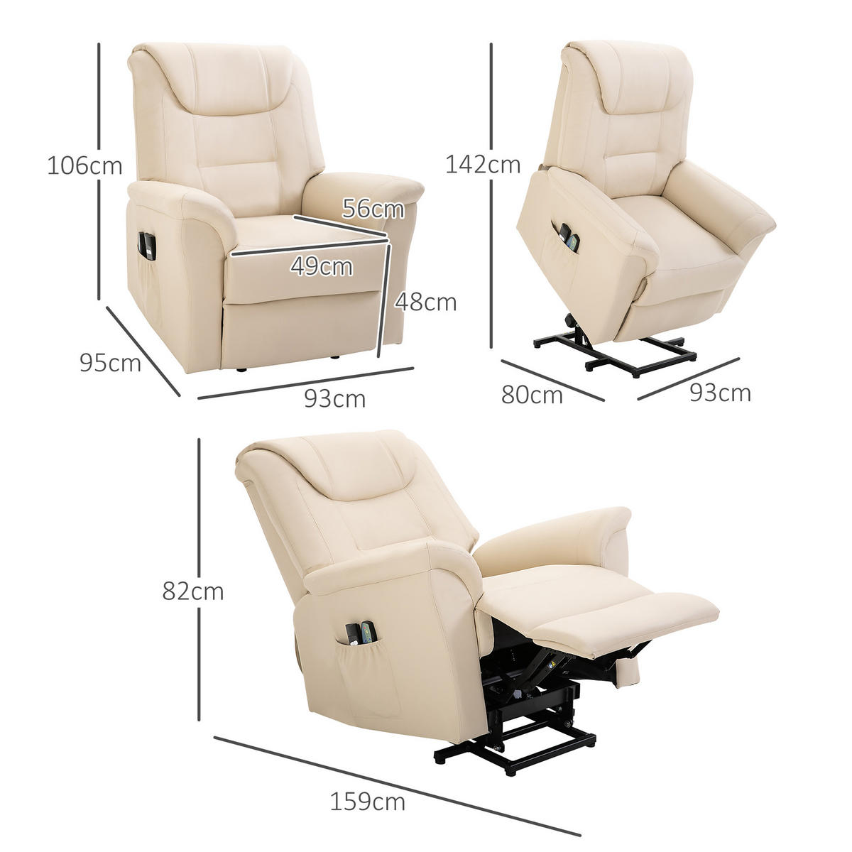 FERNSEHSESSEL mit Aufstehhilfe, Cremeweiß - Creme, Kunststoff (95/106/93cm) - HOMCOM