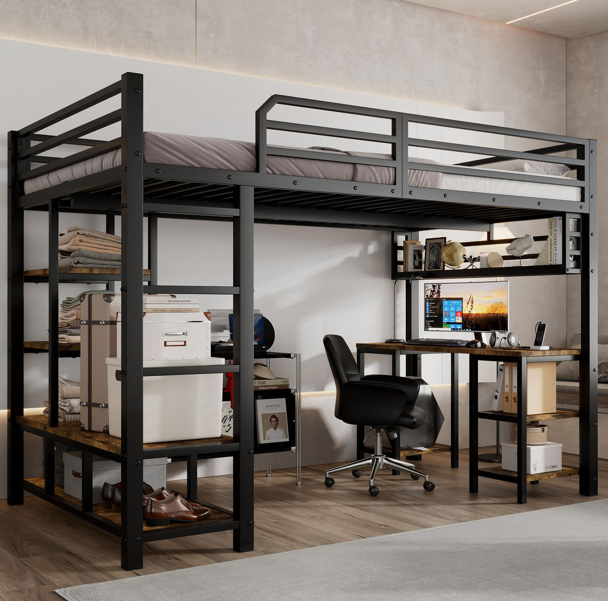 HOCHBETT 120/200 cm aus Metall und Holzwerkstoff mit Schreibtisch und Ablage Schwarz/Dunkel Walnuss - Schwarz, Metall (120/200cm) - Modenvie