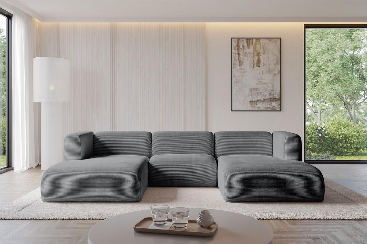 WOHNLANDSCHAFT MIRA-U1 317x179x70 Dunkelgrau Cord - Dunkelgrau/Schwarz, Holzwerkstoff/Kunststoff (317/70/179cm) - ALTDECOR