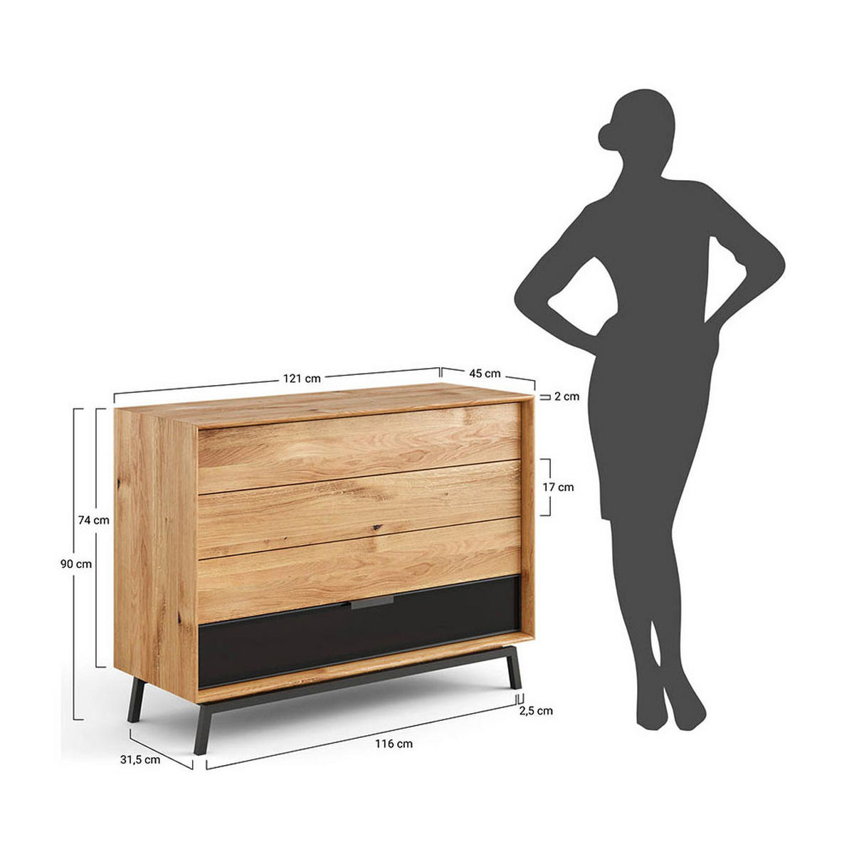 KOMMODE Modern Loft Eiche Natur 121 / 45 / 90cm - Eichefarben/Schwarz, Holz/Metall (121/90/45cm) - Feldmann-Wohnen