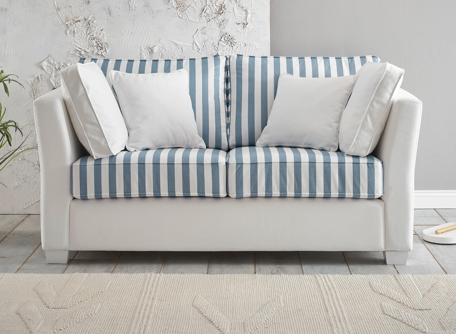 SOFA 2-Sitzer creme blau gestreift, Landhaus 160 cm, Couch inklusive 4 Kissen - Blau/Creme, Holz/Textil (160/88/96cm) - Furn.Design