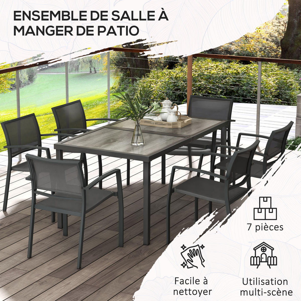 GARTENTISCHGRUPPE DE-18094 7-teilig, stapelbar, Textilene Dunkelgrau - Dunkelgrau, Metall - ComfortXL