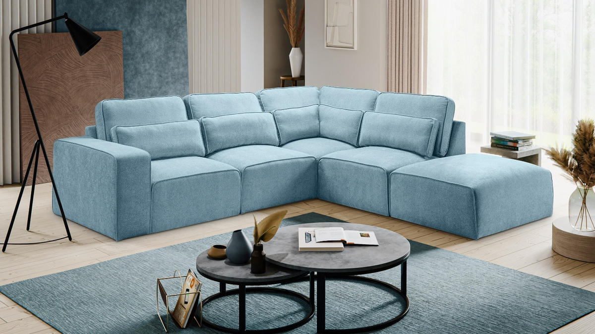 ECKSOFA hellblau Webstoff, Sofa 305 x 281 cm, L-Sofa rechts - Hellblau/Grau, Holz/Textil (305/281cm) - Inn.Furn