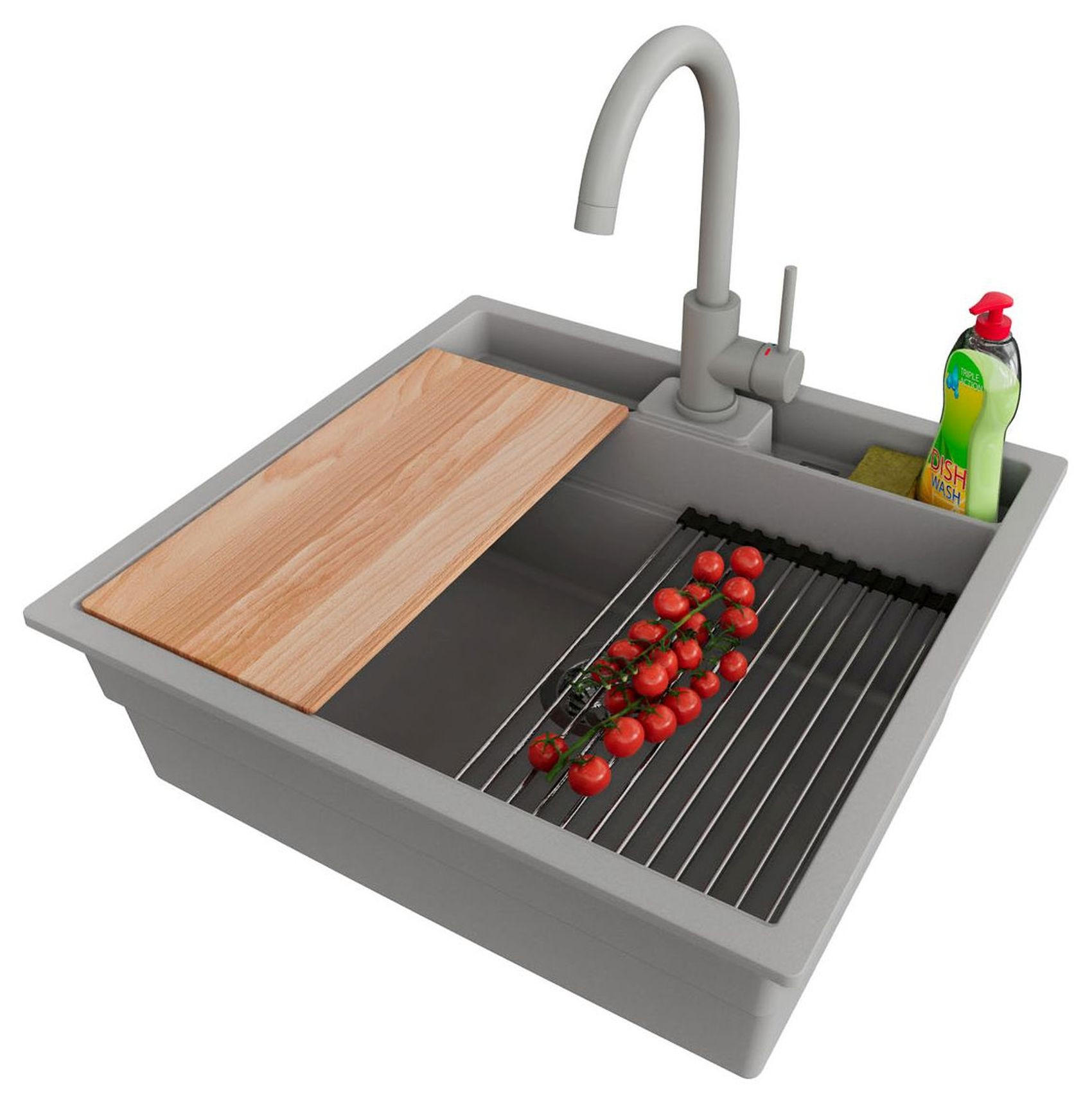 UNTERBAUSPÜLE GRANIT Bergen Pocket, 2-er set Grau 56/54 cm 1 Becken + Küchenarmatur 32/20 cm + Ablauf-Set + Küchenzubehörset ab 60er Unterschrank - Chromfarben/Beige, Kunststoff (56/20/54cm) - Primagran