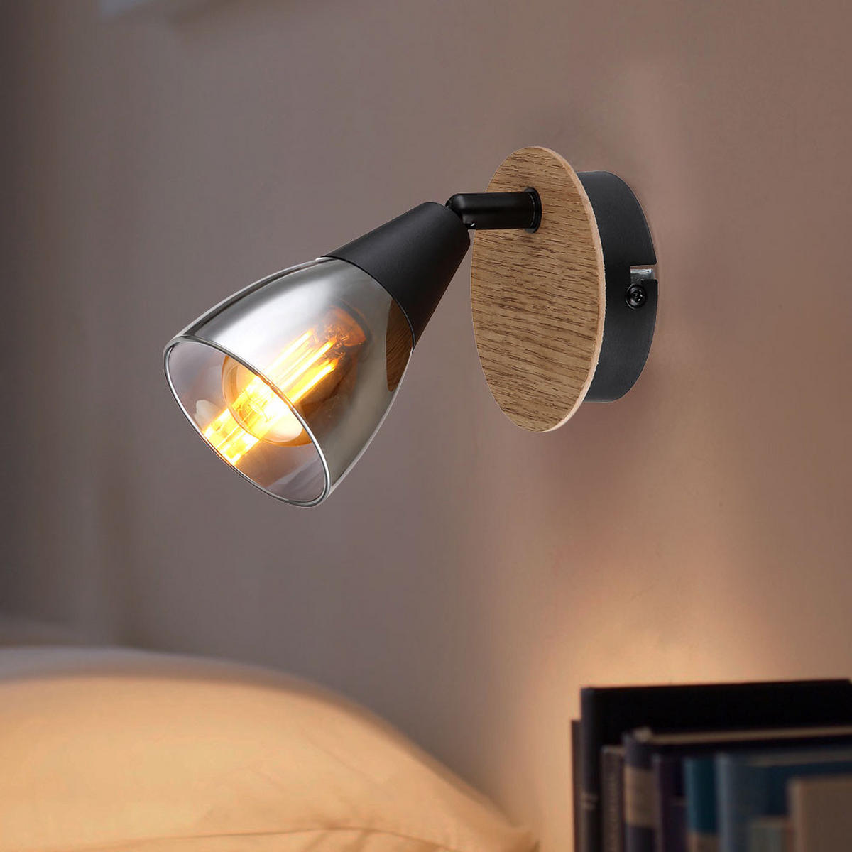 WANDLEUCHTE Metall Braun schwenkbar - Schwarz, Holz (8/13/16cm) - Globo Lighting