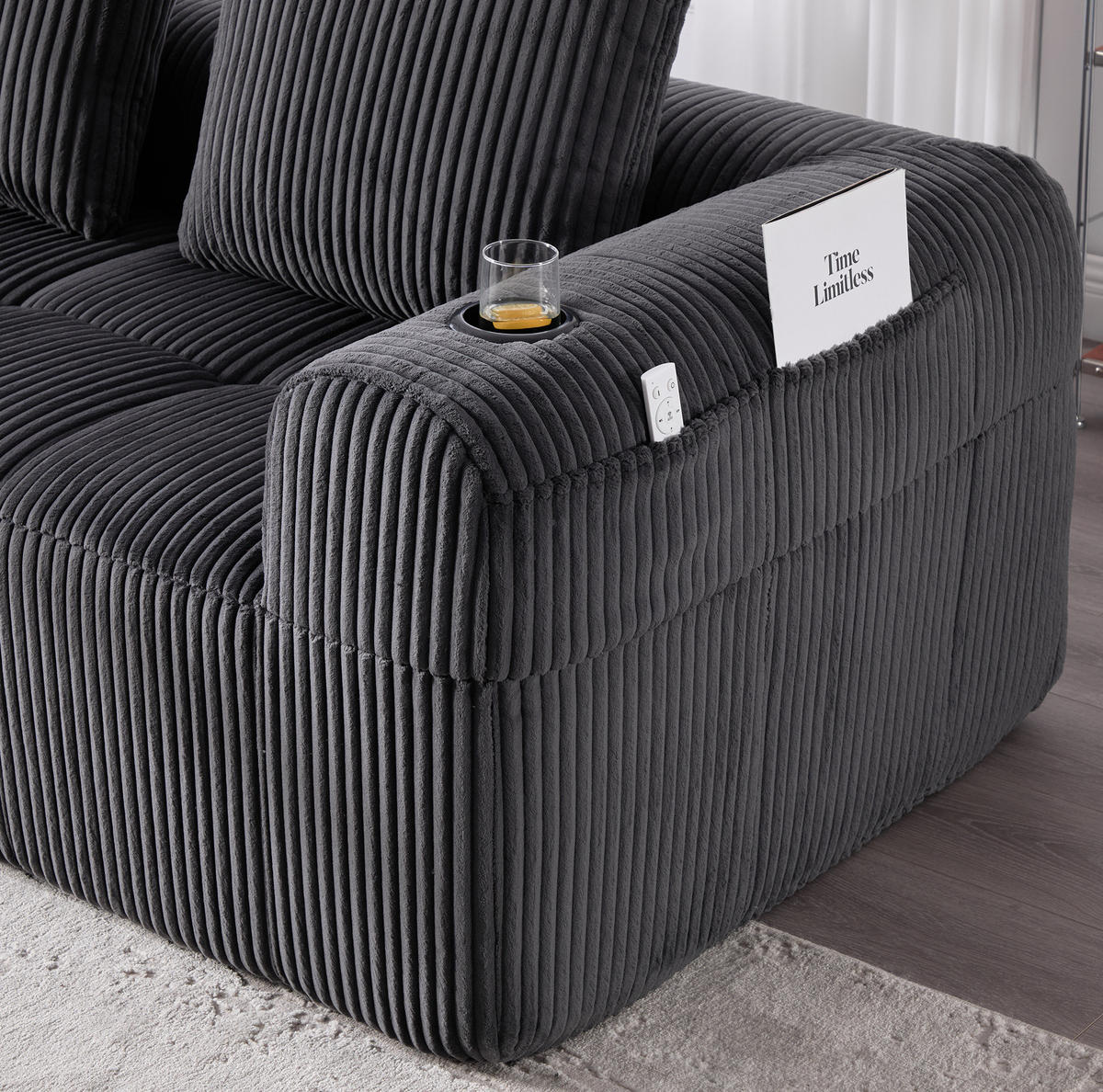 ECKSOFA aus Cord 253x158x61 cm in Dunkelgrau mit Seitenfach & Becherhalter - Dunkelgrau, Textil (158/253cm) - Modfu