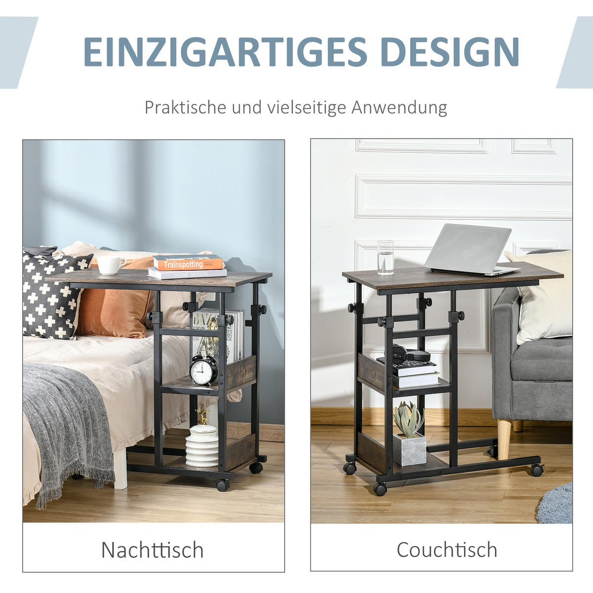 BEISTELLTISCH mit Rollen, Braun - Braun, Kunststoff (80/40/82cm) - HOMCOM