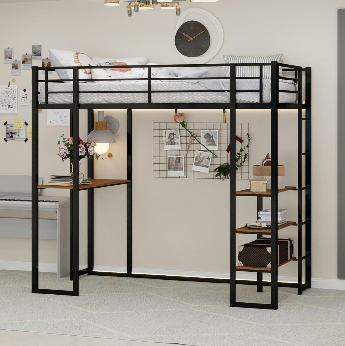 HOCHBETT 90/200 cm mit Schreibtisch, beidseitiger Leiter und stabilem Eisenrahmen, Schwarz - Schwarz, Metall (90/200cm) - Redom