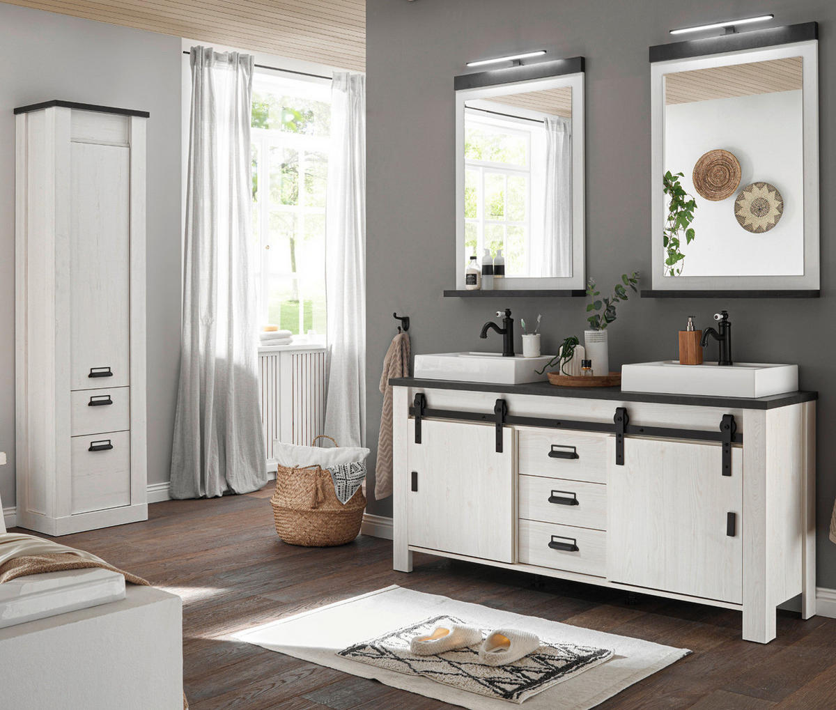 BADMÖBEL-SET weiß Pinie, anthrazit Landhaus, Doppelwaschtisch mit Waschbecken und LED - Anthrazit/Weiß, Holzwerkstoff/Metall (235/210/43cm) - Furn.Design