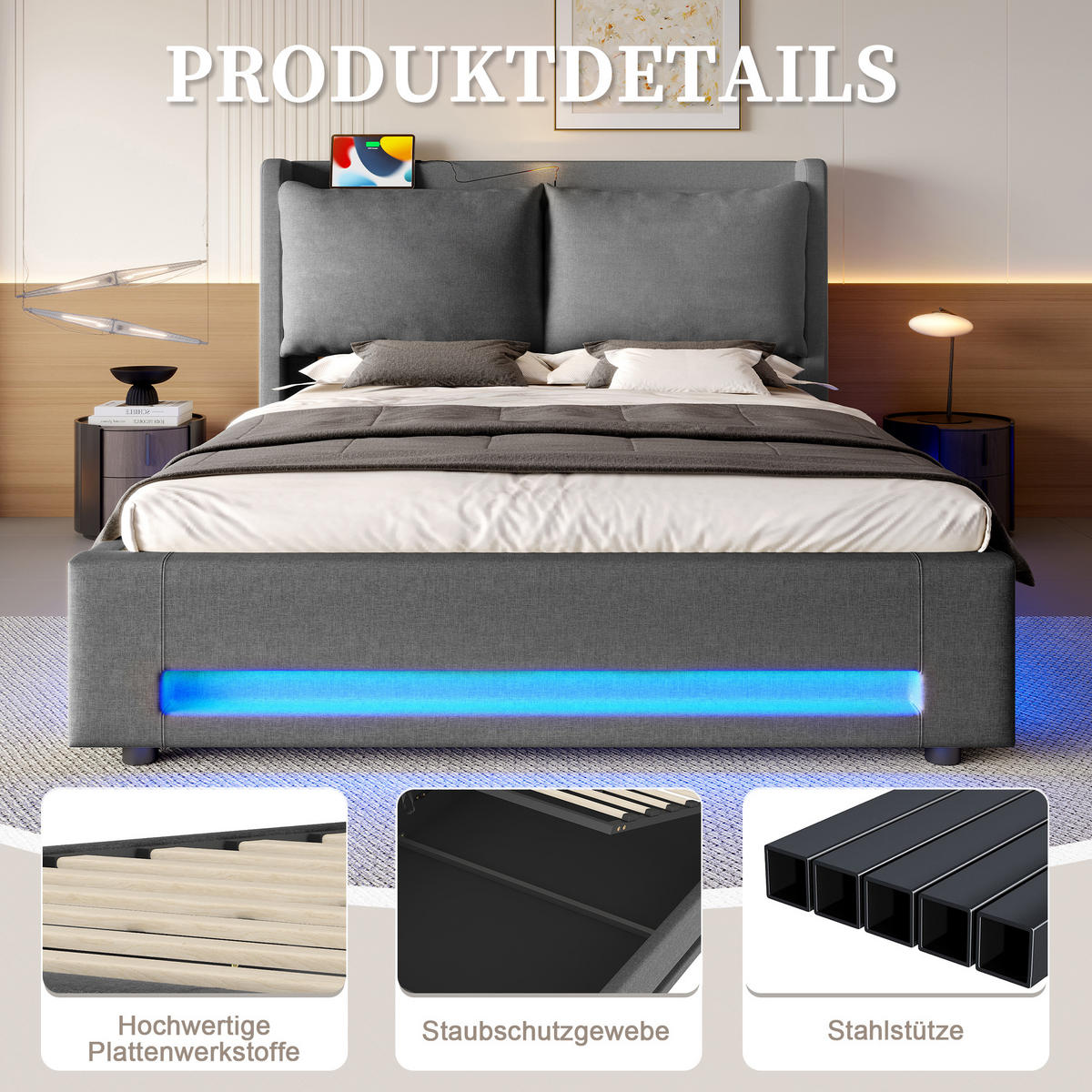 POLSTERBETT 140x200 cm LED USB Stauraum - Dunkelgrau, Textil (140/200cm) - LEBENLANG