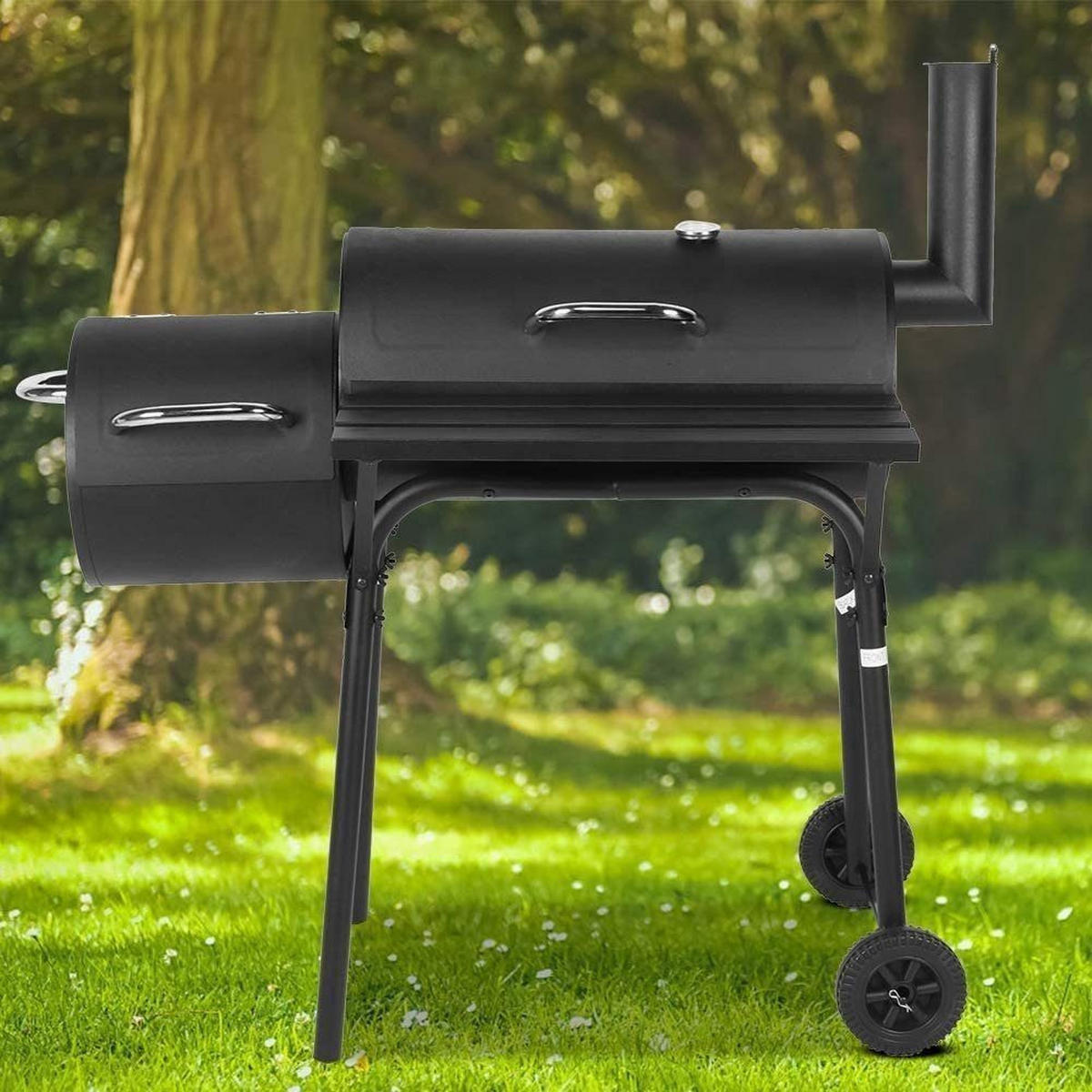 HOLZKOHLEGRILL Smoker Grill Schwarz 54 cm, Deckel, Thermometer, Räder, Outdoor BBQ Grill, Grillwagen, Gartengrill, Kohlegrill, Barbecue, Grillstation - Schwarz, Metall (58/114/104cm) - Resch