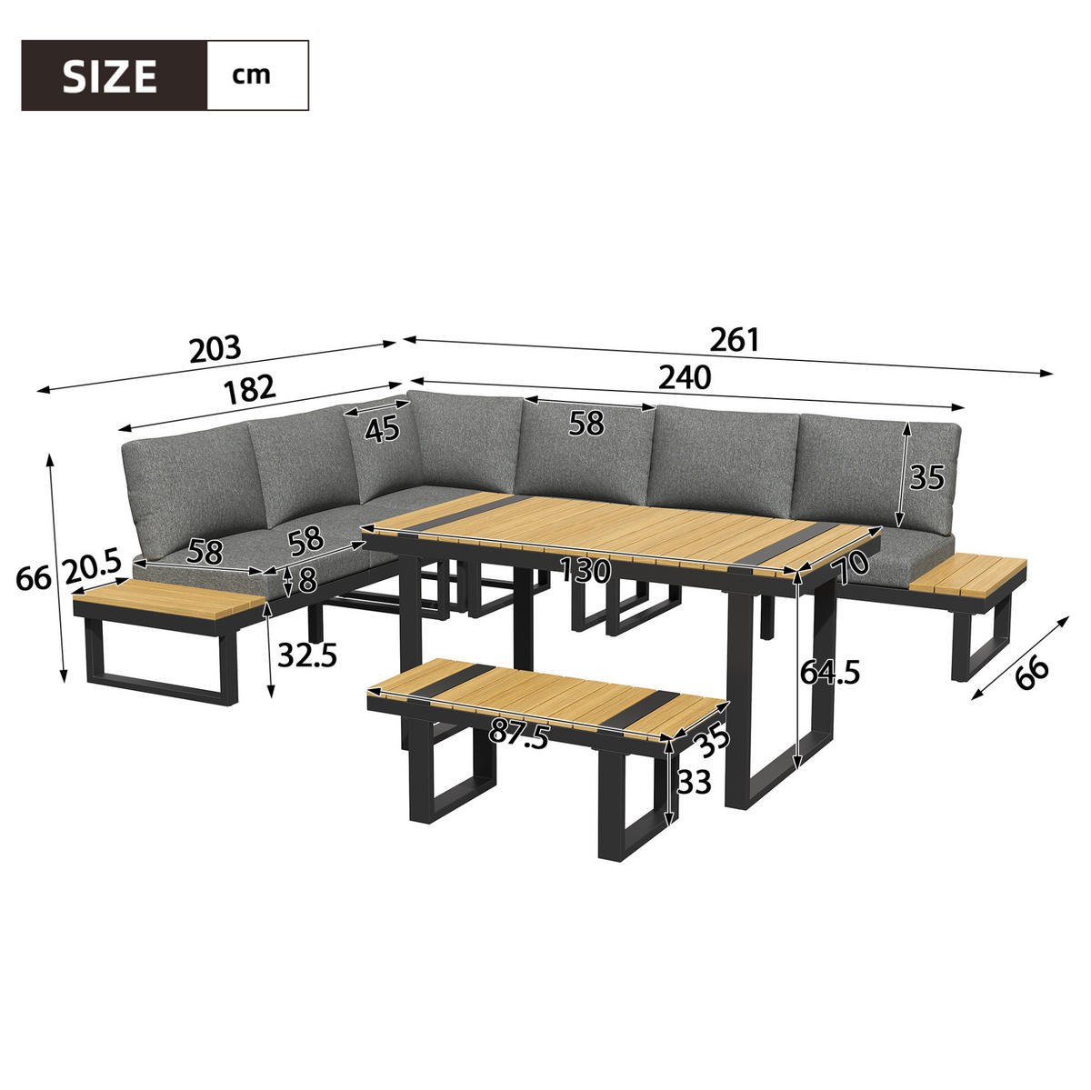 GARTEN-ESSGRUPPE mit verstellbarer Neigefunktion, 6-Sitzer Ecklounge im Industrial-Stil, Schwarz/Grau - Grau, Metall - Redom