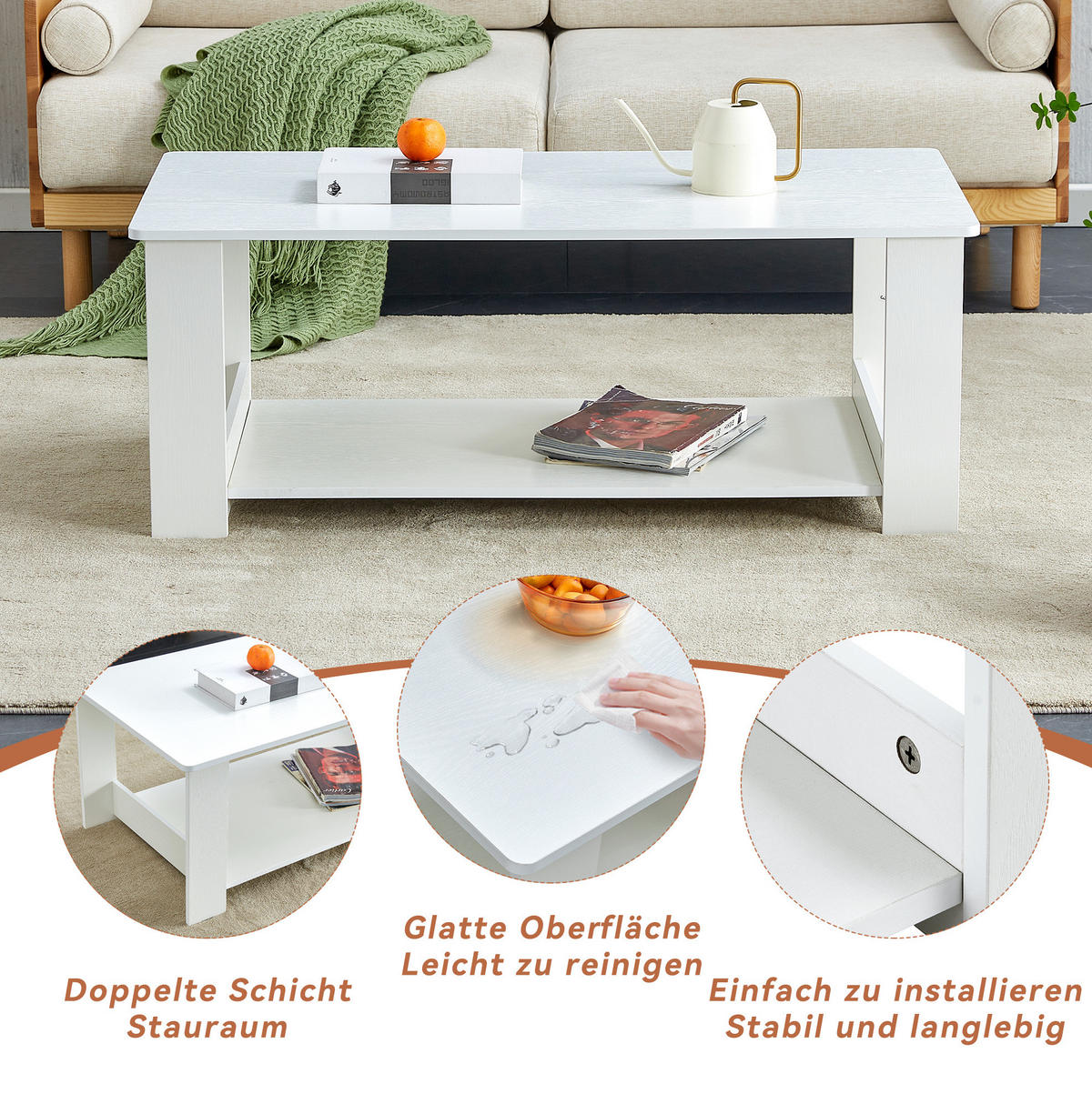 COUCHTISCH 110/55/42 cm Weiß mit Ablage aus MDF in Holzoptik - Weiß, Holzwerkstoff (110/55/42cm) - OKWISH