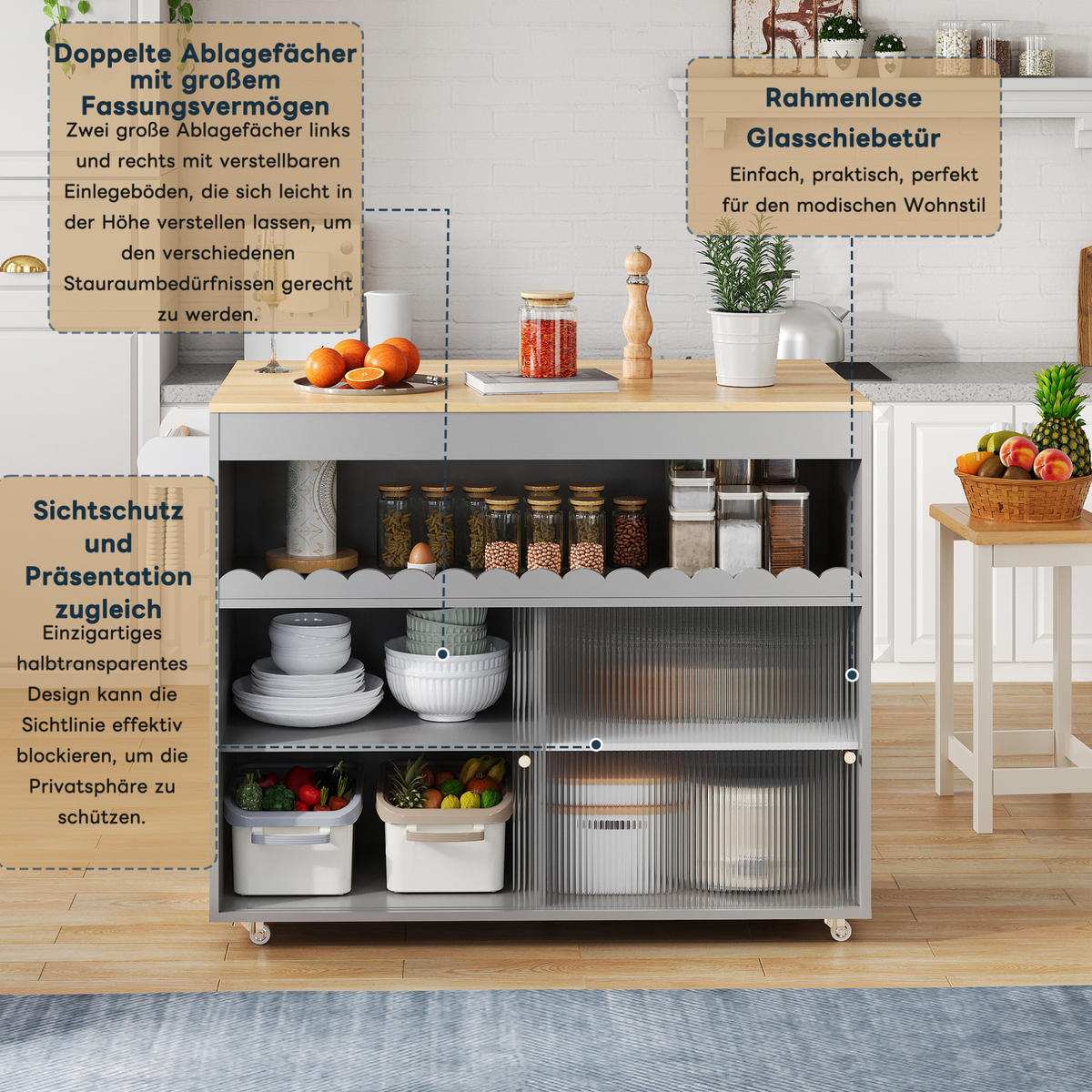 KÜCHENINSELWAGEN klappbar 122 x 46(69) x 91 cm Grau - Grau, Holz (46/91/122cm) - Beauniv