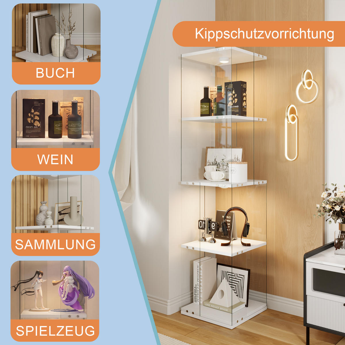 DREHVITRINE 360° mit RGB LED, 4 Ebenen, Glasvitrine weiß für Deko - Weiß, Glas (38/160/38cm) - SHOPENTRA