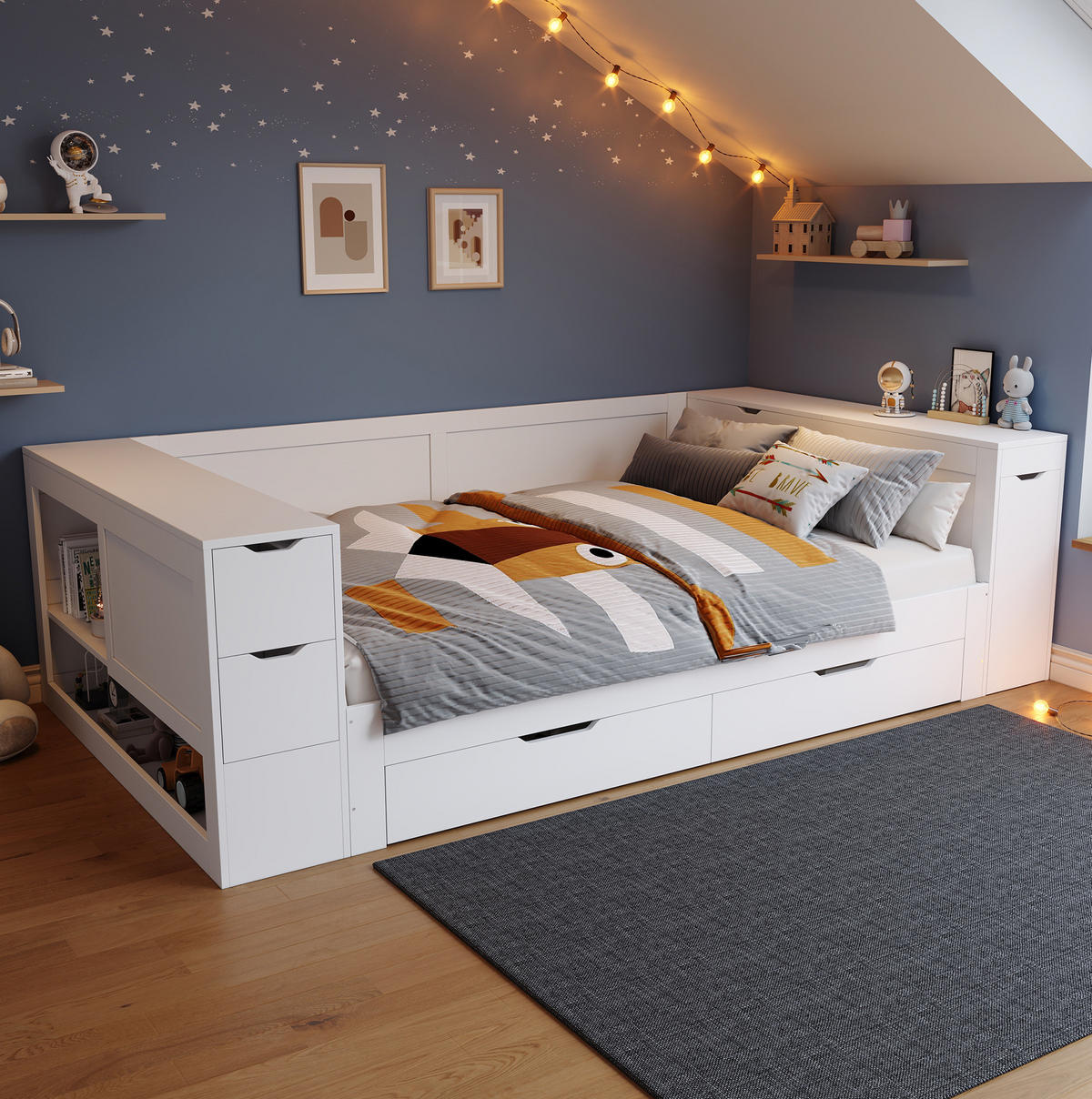 KINDERBETT 140/200 cm aus MDF mit Stauraum Nachttisch und Lattenrost Weiß - Weiß, Holzwerkstoff (140/200cm) - Modenvie