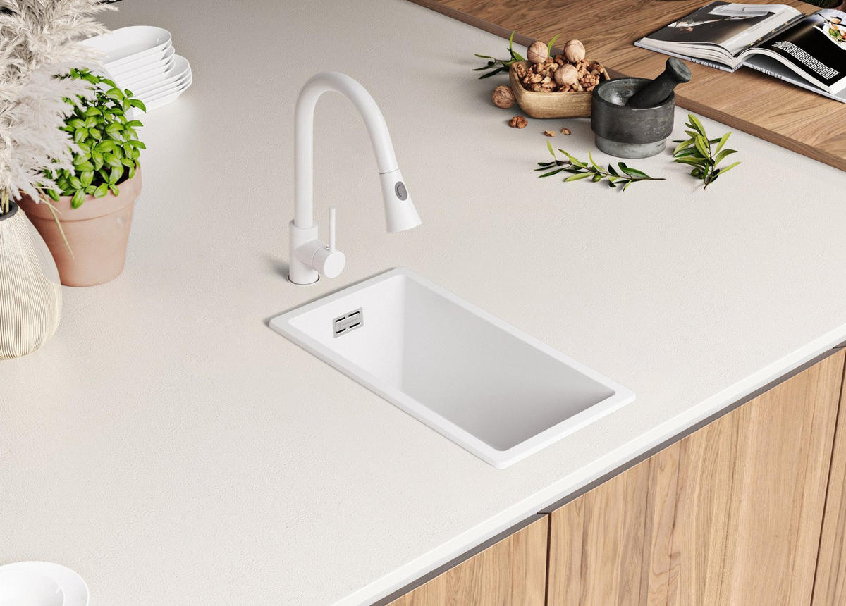 SPÜLBECKEN London Slim, 2-er set Alles Weiß 26/47 cm 1 Becken + Ablauf-Set ab 30er Unterschrank - Weiß, Kunststoff (26/20/47cm) - Primagran