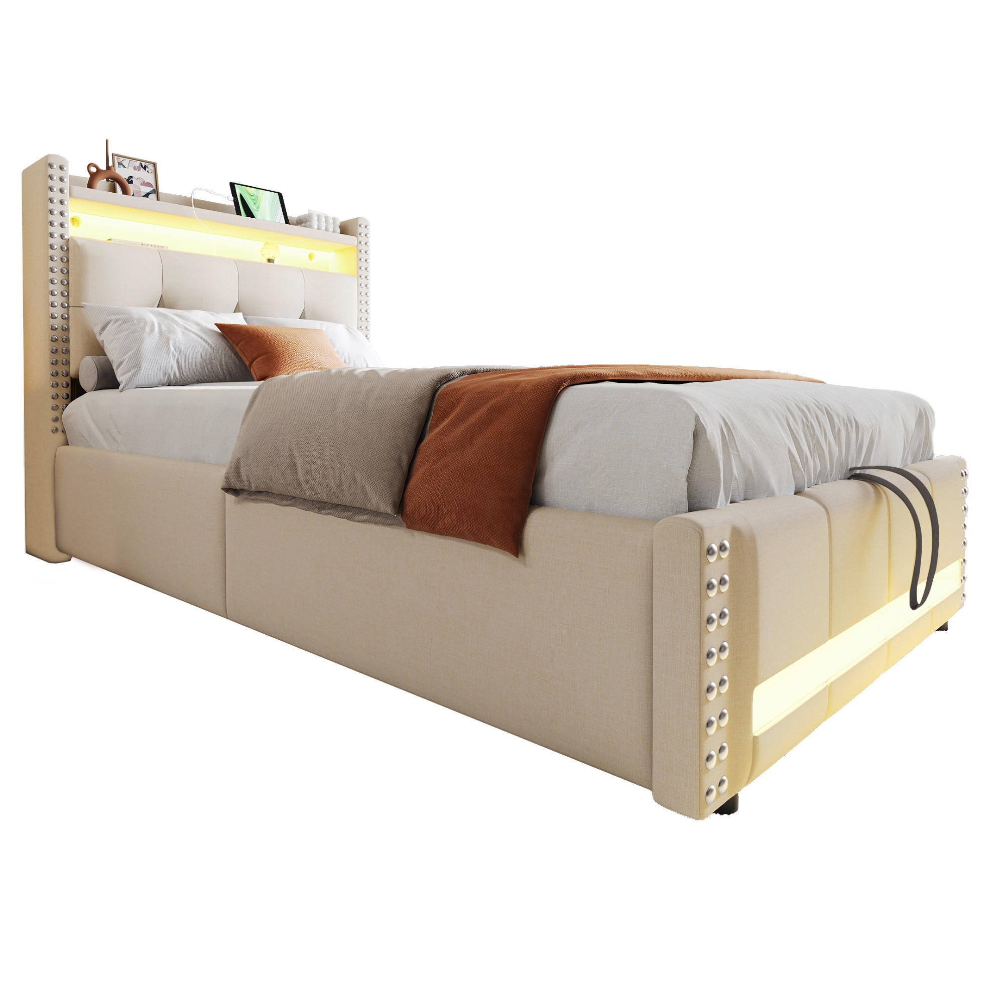 POLSTERBETT mit LED-Beleuchtung 90/200 cm mit Bettkasten und USB-Anschluss - Beige, Textil (90/200cm) - BEAOK