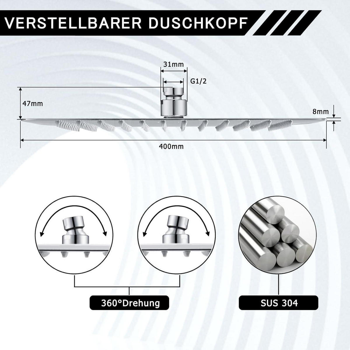 DUSCHKOPF Regendusche 40 x 40 cm Edelstahl Chrom - Silberfarben, Metall (20/12.7/20cm)