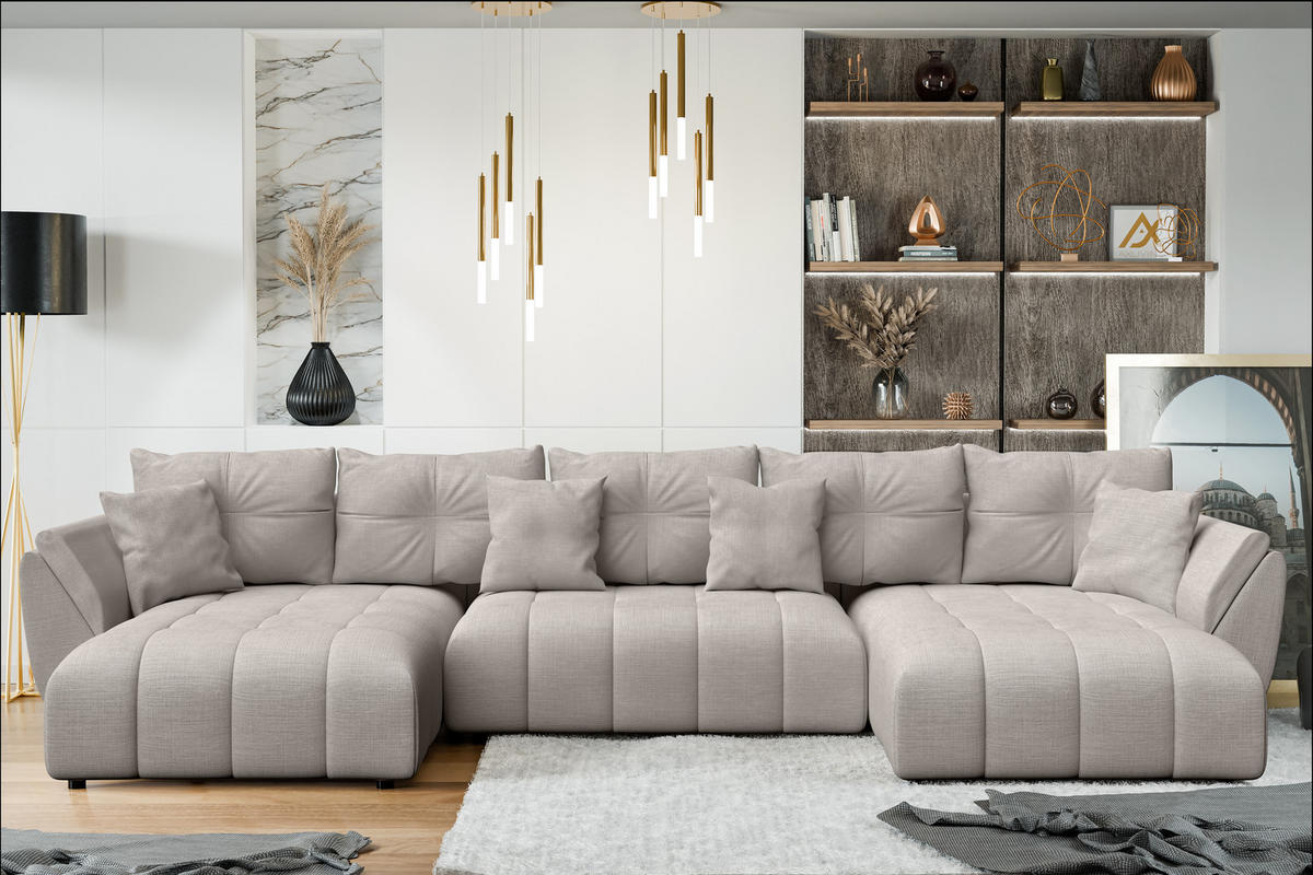 WOHNLANDSCHAFT Antalya Beige 382/190/91 cm – Sofa mit Bettfunktion - Beige/Schwarz, Kunststoff/Textil (382/91/190cm) - AX Living