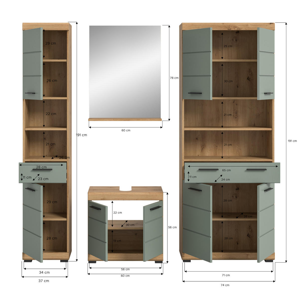 BADMÖBEL-SET Salbei grün, Eiche Artisan 4-teilig 200 cm, Komplettset mit viel Stauraum - Salbeigrün/Schwarz, Glas/Holzwerkstoff (186/191/34cm) - Inn.Furn