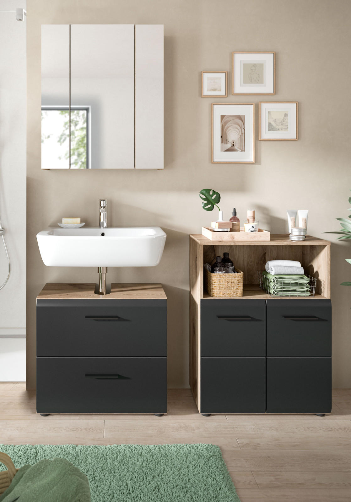 Thumbnail - Inn.Furn Badmöbel-Set, Eiche, Schwarz, Kunststoff, Nachbildung,Eiche, Uni, 7 Fächer, 2 Schubladen, einzeln stellbar,Rech...