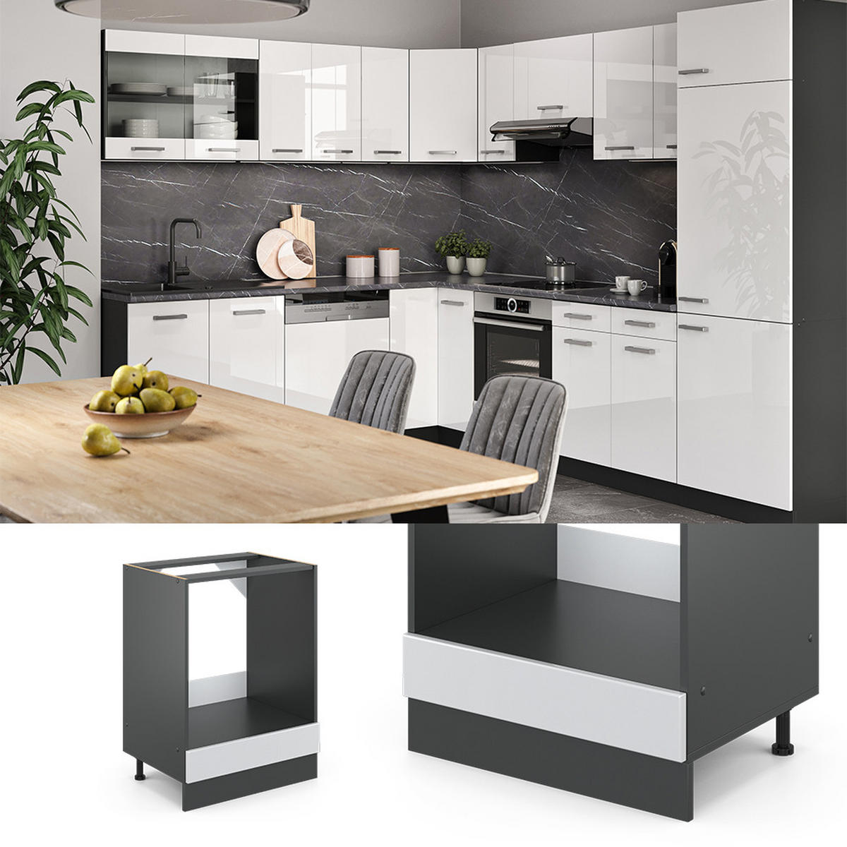 HERDUMBAUSCHRANK R-Line Weiß Landhaus 60 cm, AP Anthrazit - Anthrazit/Creme, Holzwerkstoff (60/81.6/60cm) - Vicco