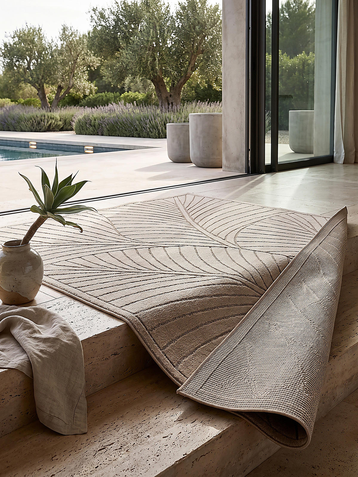 TEPPICH Outdoor, Fußbodenheizung-geeignet, mit Blattmotiv, ENGADIN in Beige, 120 x 170 cm - Beige, Textil (120/170cm) - KADIMA DESIGN