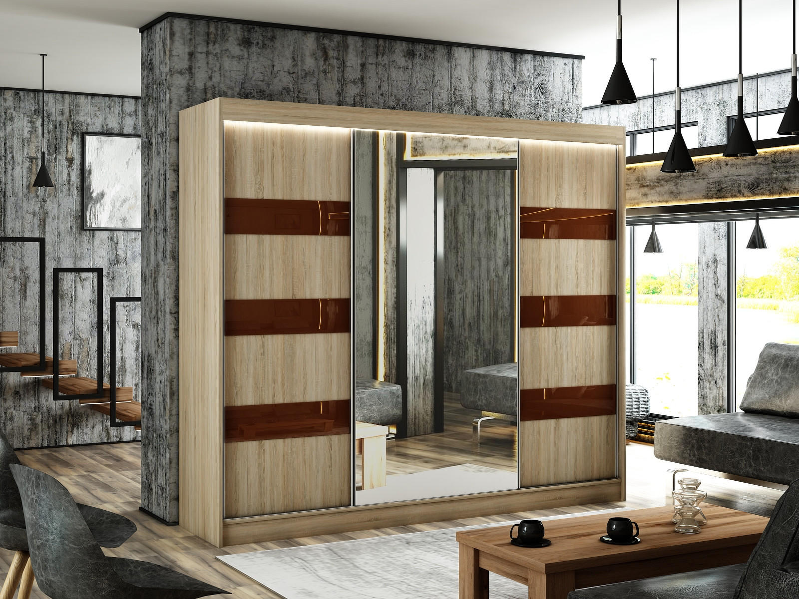 KLEIDERSCHRANK mit LED, Spiegel und Schiebetüre LOSTE - 250 cm Sonoma|Braun - Braun/Sonoma Eiche, Holzwerkstoff (250/215/61cm) - ALTDECOR