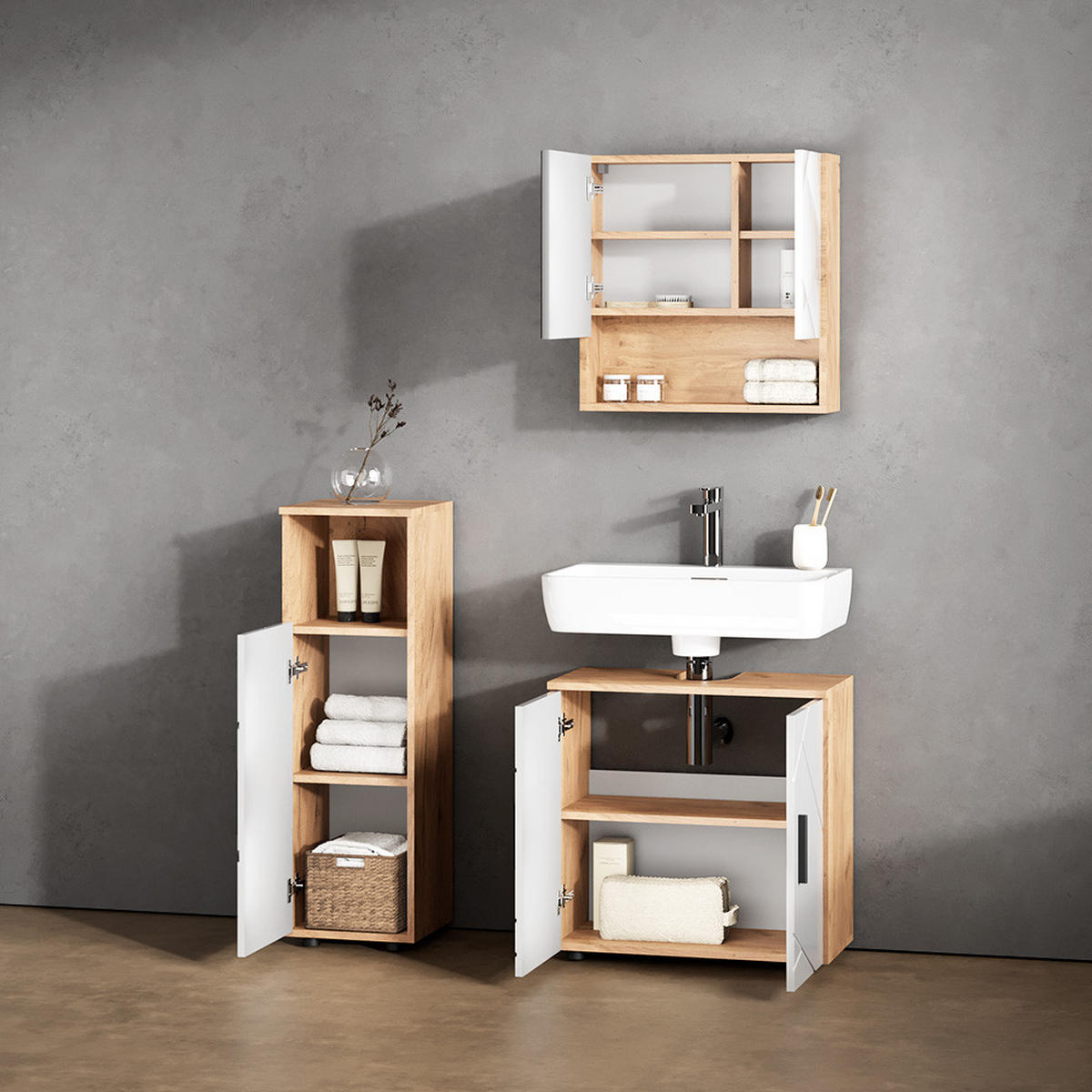 BADMÖBEL-SET Ronco Weiß Hochglanz/Goldkraft Eiche 3 Teile - Weiß Hochglanz/Eiche Wotan, Holzwerkstoff (60/59/30cm) - Livinity®