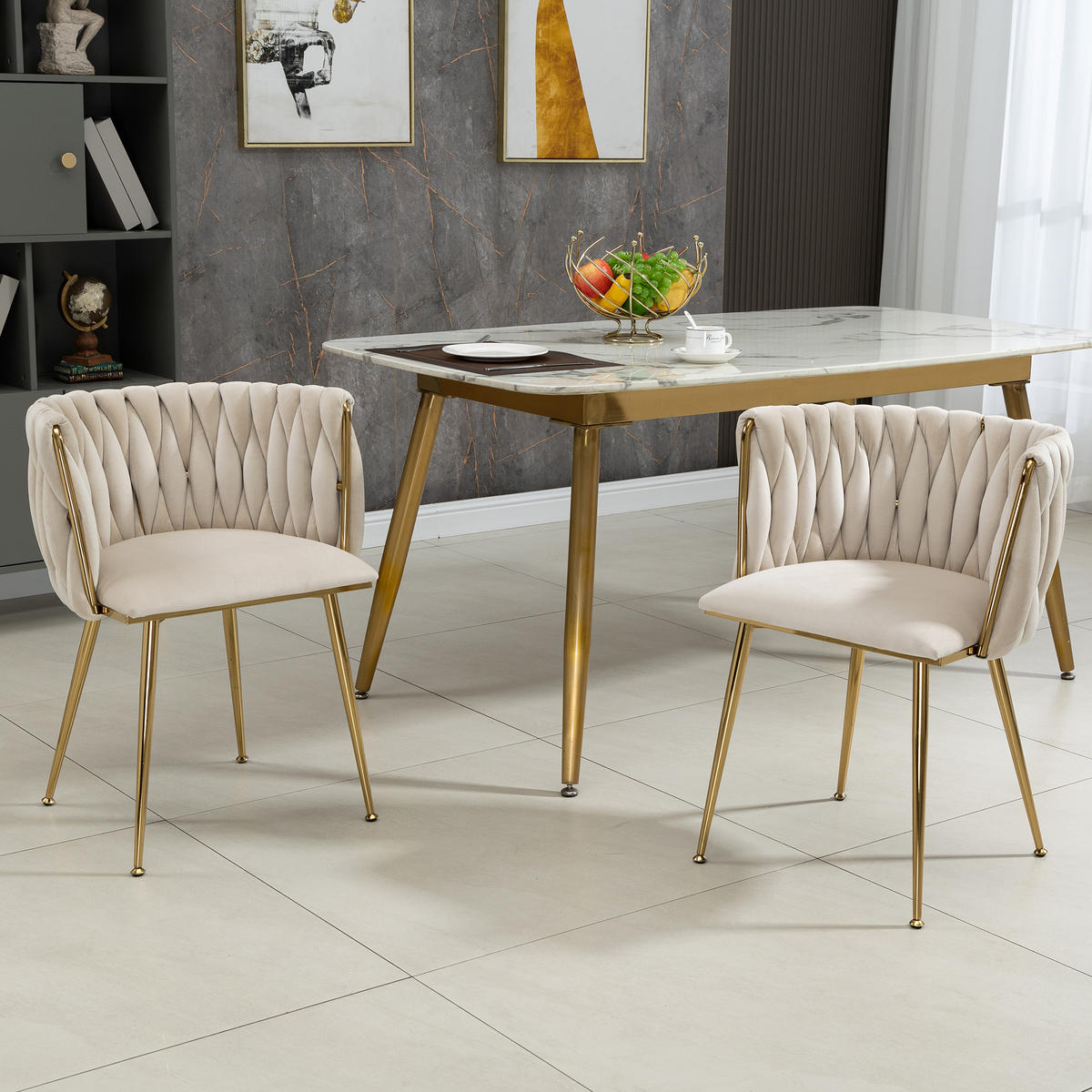ESSZIMMERSTÜHLE 2er Set Samtbezug mit Metallrahmen - Beige/Goldfarben, Textil/Metall (55.5/74/50cm) - LVHOM