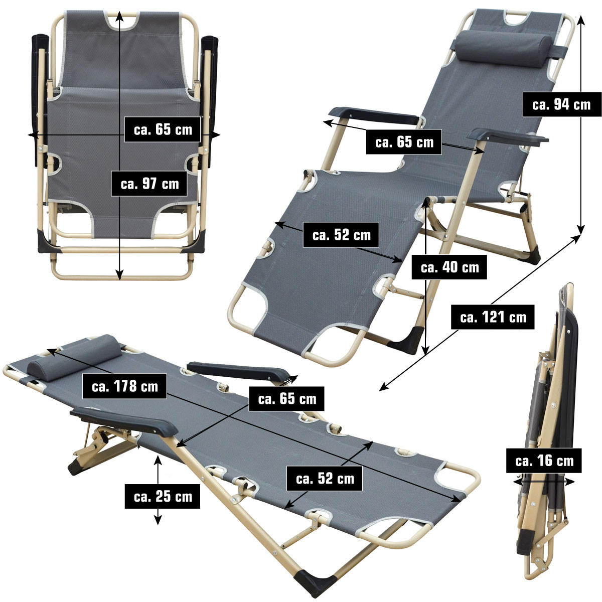 CAMPINGSTUHL mit Auflage, 178/65/88 cm, Grau - Grau, Kunststoff (65/40/178cm) - Amanka