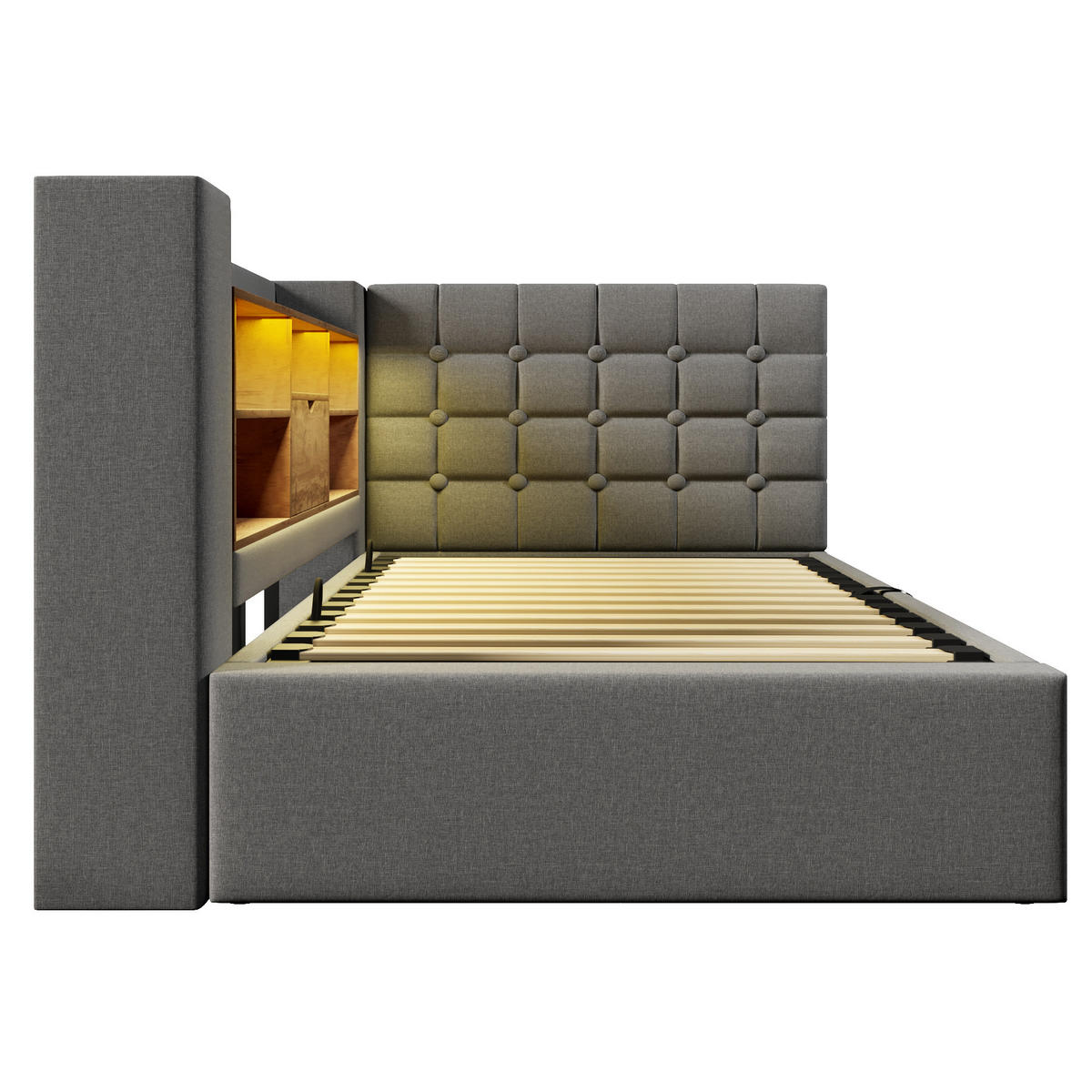 POLSTERBETT 90/200 cm mit LED-Beleuchtung, Bettkasten und L-Kopfteil - Grau, Textil (90/200cm) - BEAOK