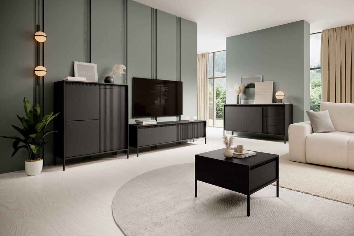 ​KOMMODE SENSO 2D3S, Geriffelte MDF-Fronten, Push-to-Open, Metallfüße, 187x81,4x39,5 cm - Schwarz - Schwarz, Holz/Holzwerkstoff (187/82/40cm) - DomoHome