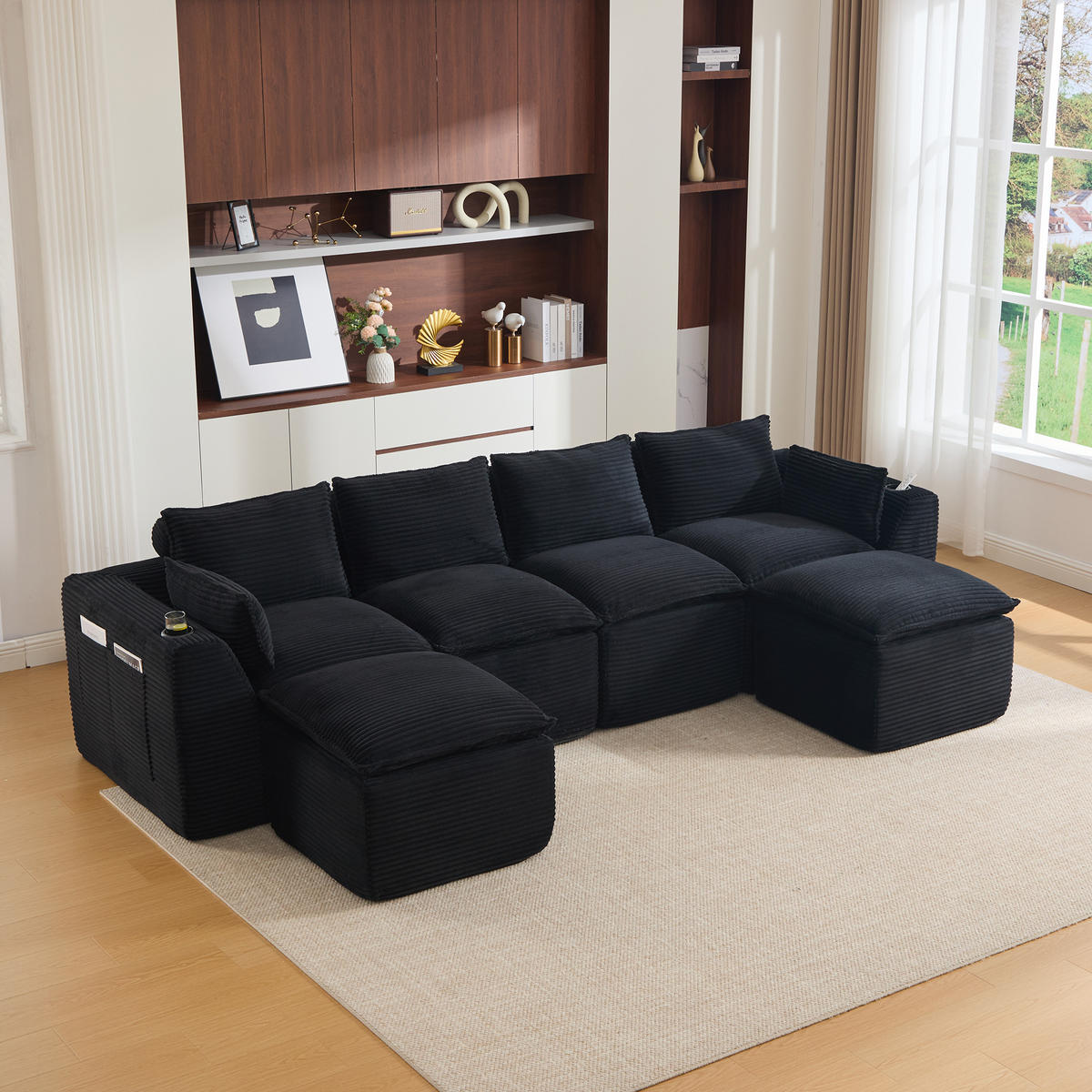 WOHNLANDSCHAFT DE-33951 modular mit 2 Fußhockern Schwarz - Schwarz, Textil (161/75/332cm) - ComfortXL