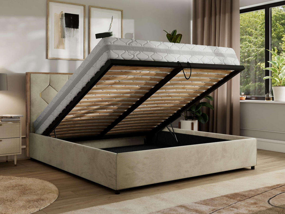 POLSTERBETT LARINO CLASSIC 160/200 - Beige Velvet - Schaum-Matratze - Beige, Textil (160/200cm) - MKS