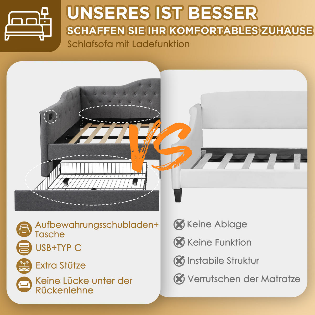 POLSTERBETT 90/190 cm Grau aus Leinen mit USB Type C und 2 Schubladen - Grau, Textil (90/190cm) - OKMYHOME
