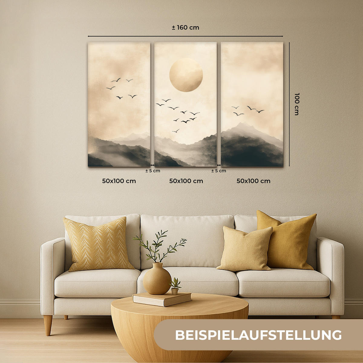 LEINWANDBILD 3er Set Landschaft - Japandi - Beige - Vögel 150x100 cm - Beige, Textil (150/100cm) - MuchoWow