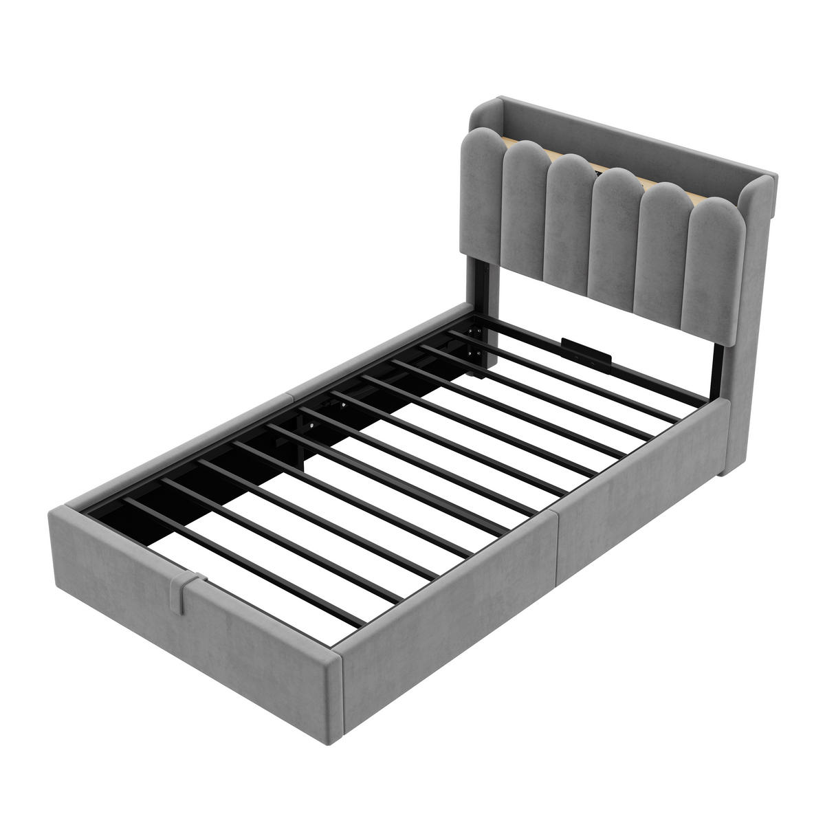 POLSTERBETT 90/200 cm in Grau mit Bettkasten, Kopfteil, USB-, Type-C-Ladestation und Leselampe aus Samt - Grau, Holzwerkstoff/Textil (90/200cm) - STILVORA