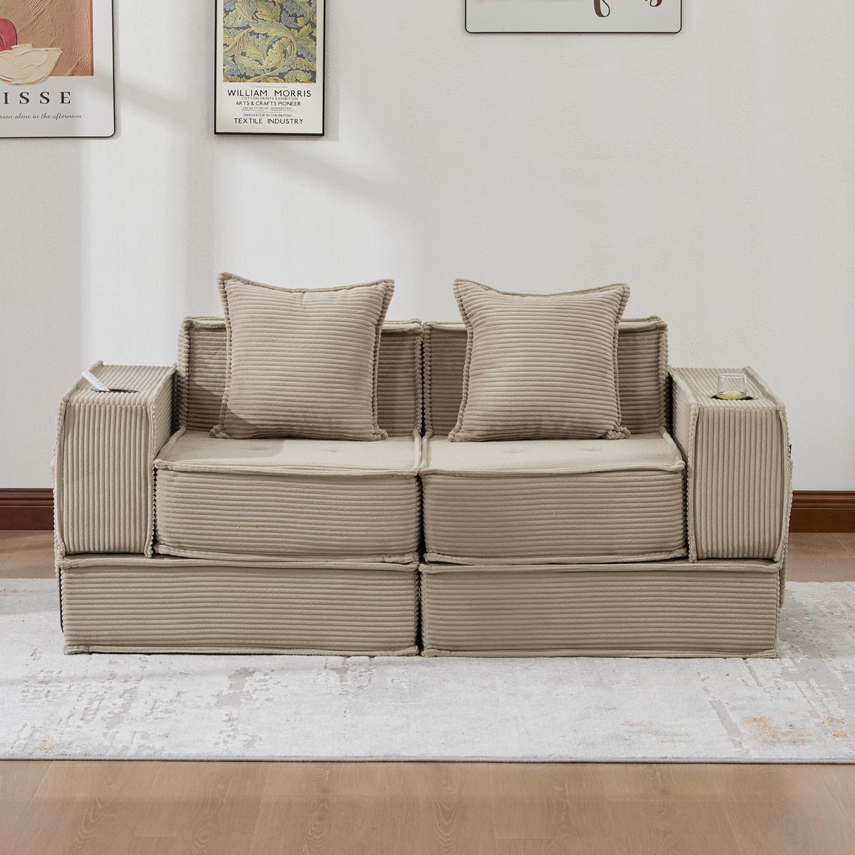 SCHLAFSOFA DE-33894 mit Fußhocker und Becherhalter Sandfarben - Sandfarben, Textil (78/66/162cm) - ComfortXL