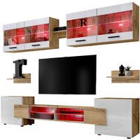 WOHNZIMMERSET Foggia, 6er-Set, Eiche Wotan, Front Hochglanz Weiß, LED Mehrfarbige - Eiche Wotan/Schwarz, Glas/Holzwerkstoff (230/190/45cm) - Komodee