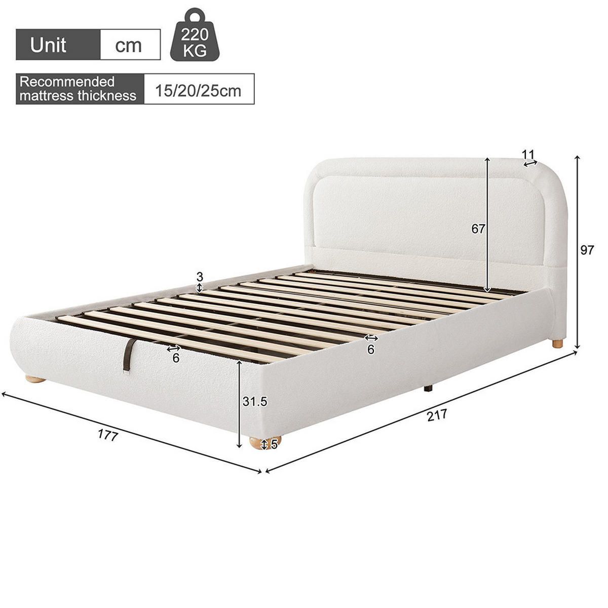 POLSTERBETT 160×200cm mit großem Stauraum in Weiß - Weiß, Textil (160/200cm) - KOMHTOM