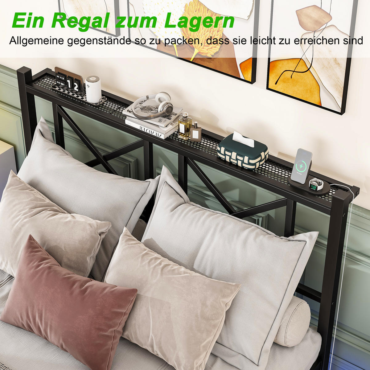 METALLBETT 140x200 cm LED USB Kopfteil - Schwarz, Metall (140/200cm) - LEBENLANG