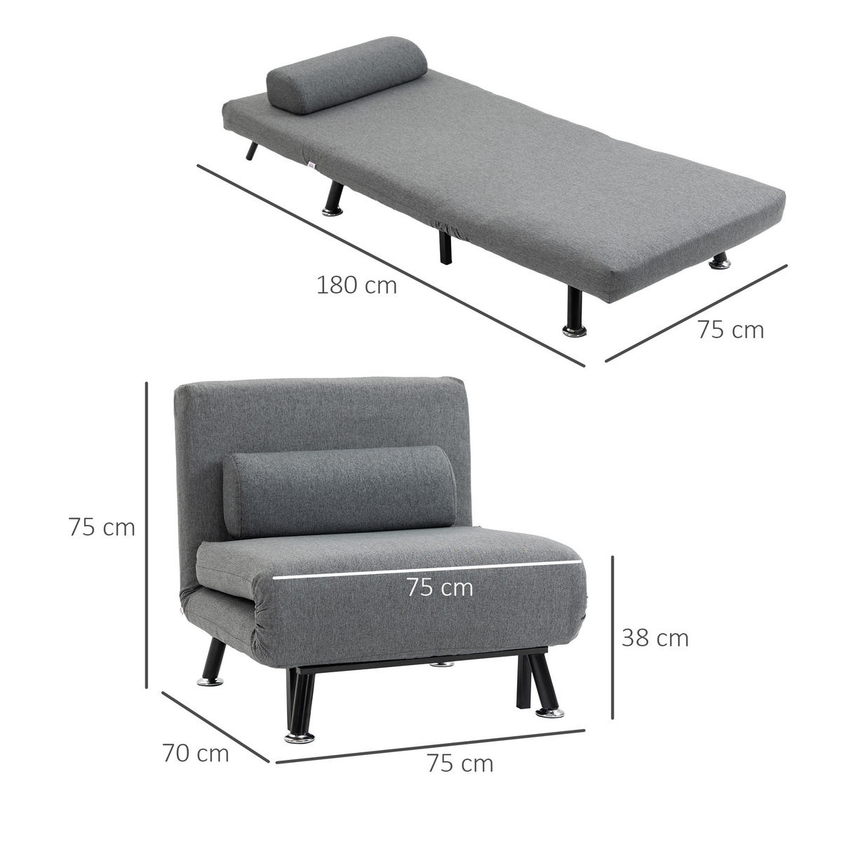 SCHLAFSESSEL Klappsessel mit Bettfunktion Schlafsofa mit Verstellbar Rückenlehne - Dunkelgrau/Schwarz, Textil/Metall (70/75/75cm) - HOMCOM