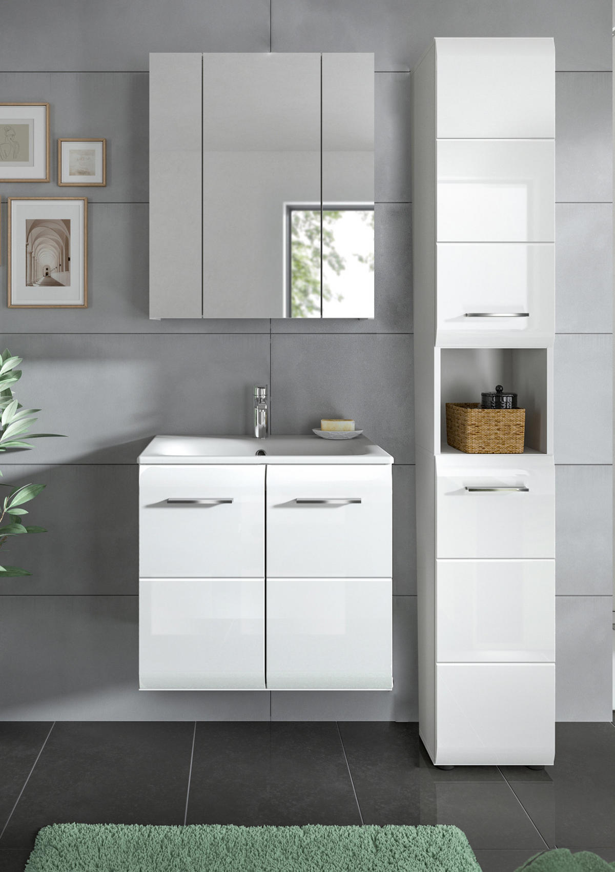 WASCHBECKENUNTERSCHRANK inklusive Waschbecken weiß Hochglanz, Waschtisch hängend 60 cm - Weiß Hochglanz/Silberfarben, Keramik/Holzwerkstoff (60/55/46cm) - Inn.Furn